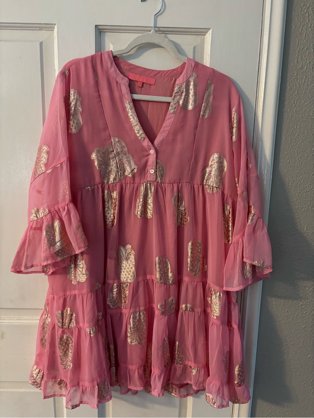 Simply SoutherWomen’s A-Line V-Neck Metallic Pineapple BohoDress Pink/Gold Sz  L